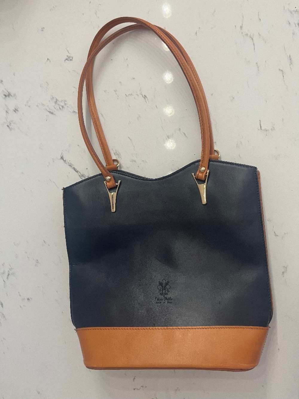 Vera Pelle Made in Italy Leather Navy Cognac Tote Shoulder Bag